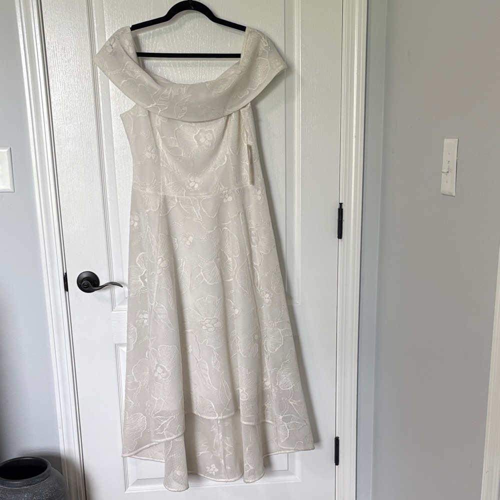 Rickie Freeman for Teri Jon Off-Shoulder Cream High Low Dress
